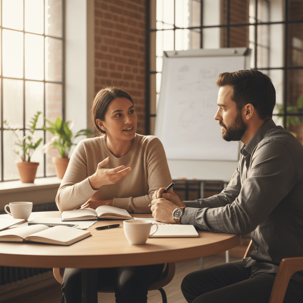 Warm artisanal documentary aesthetic medium shot of two professionals in conversation during a strategy session
