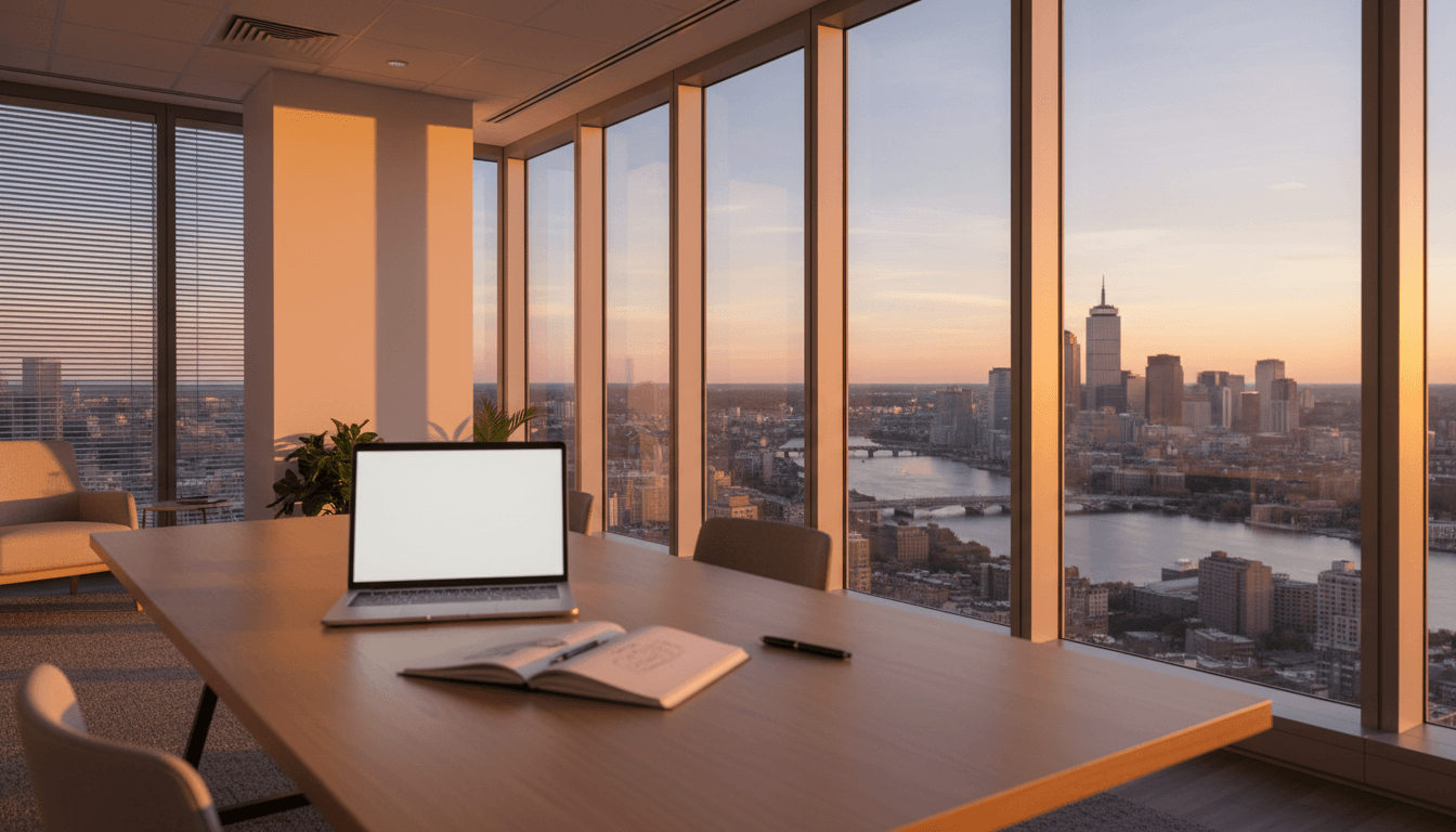Modern Boston office overlooking the city skyline at sunset with workspace elements