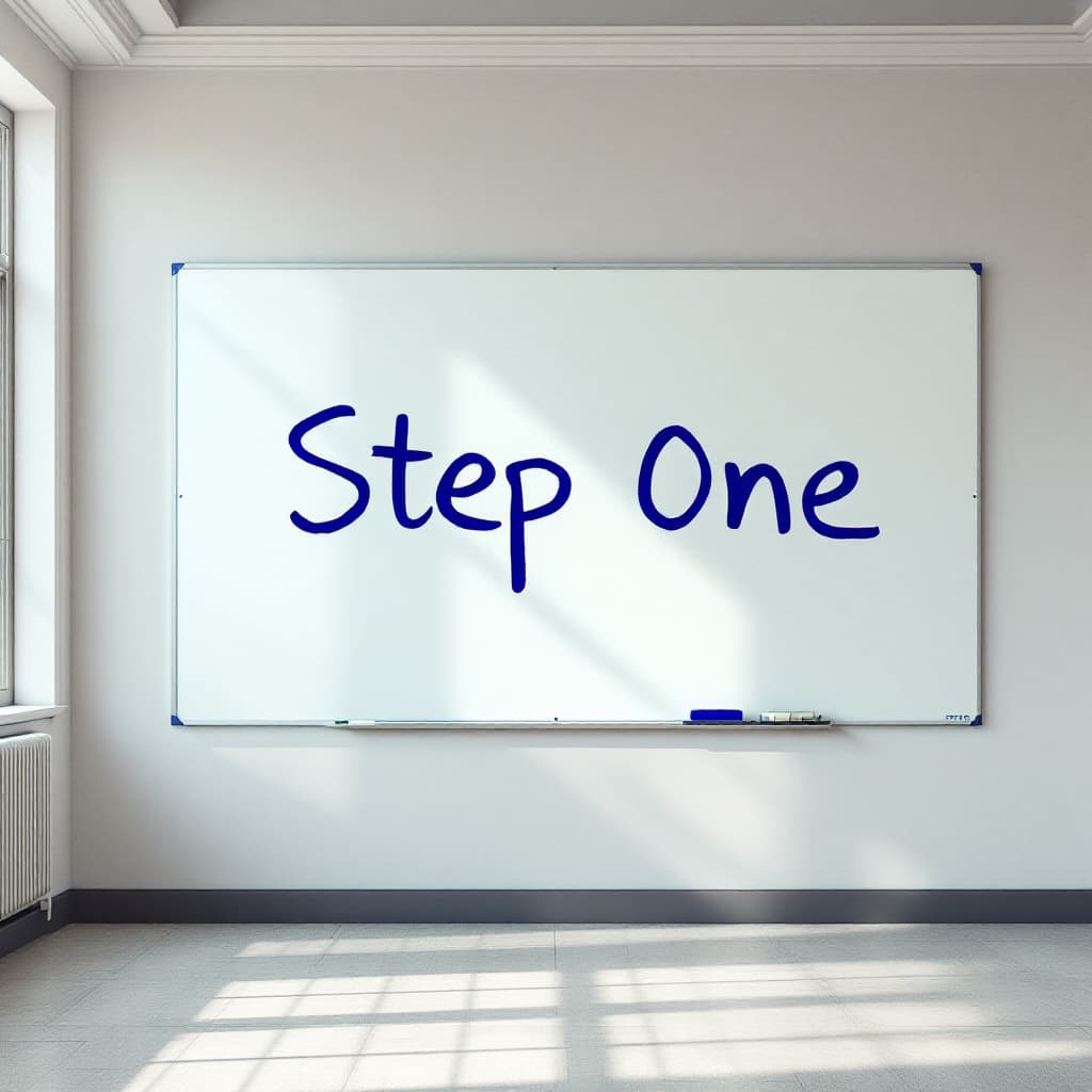 Whiteboard on a wall in an empty room with "Step One" written in blue marker.